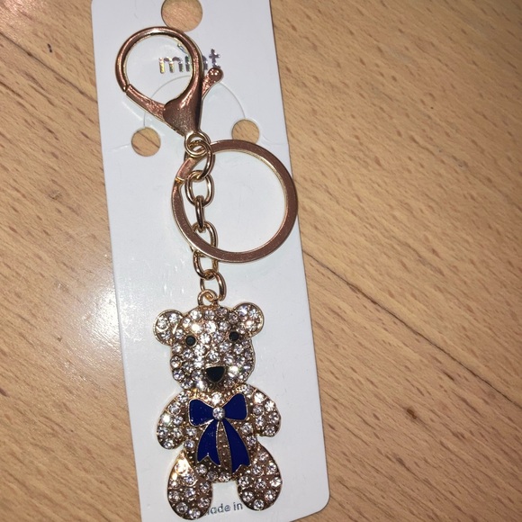 Rhinestone Bear Bag Charm - Keychain Gold with Lavender or Dark Blue Bow - New - Picture 2 of 5